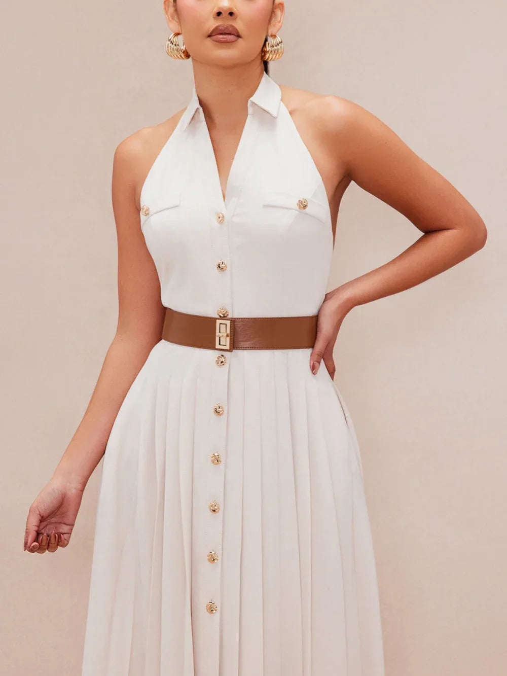 Beige Button Pleated Dress - NuaVibe