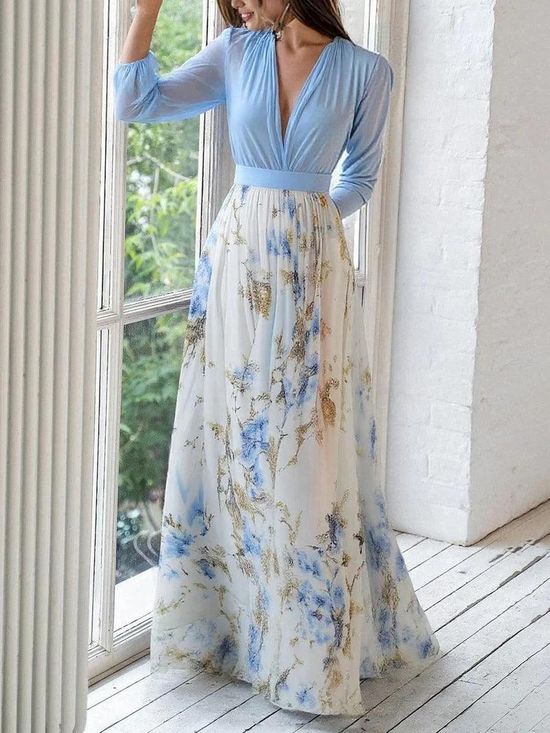 Stunning Floral Print V-Neck Maxi Dress - NuaVibe