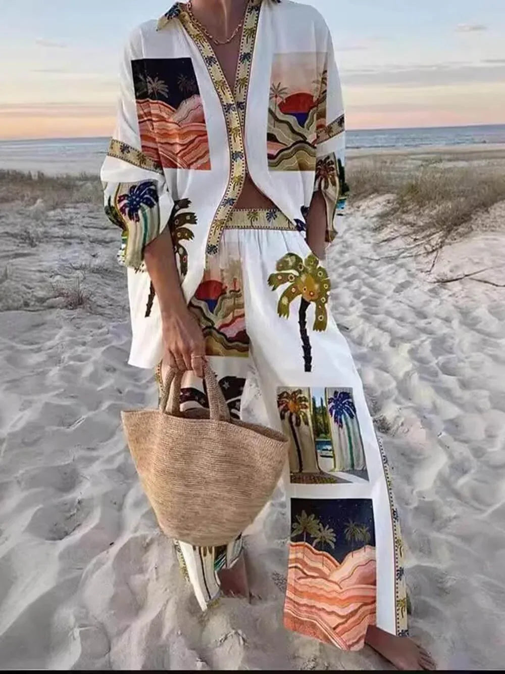 Palm Tree Unique Print Slouchy Two-Piece Set - NuaVibe