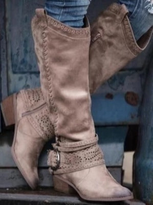 Vintage high-top leather buckle-decorated knight boots