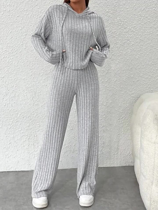 Loose hooded knitted striped long-sleeved set