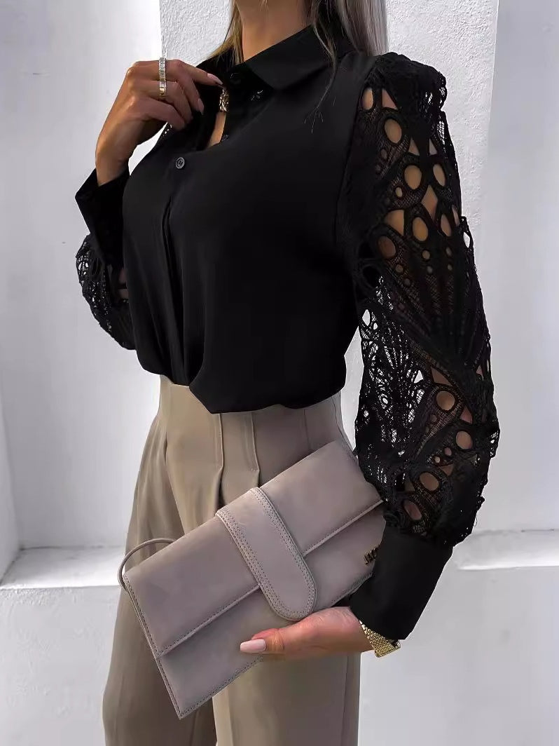 Women's solid color lace patchwork shirt