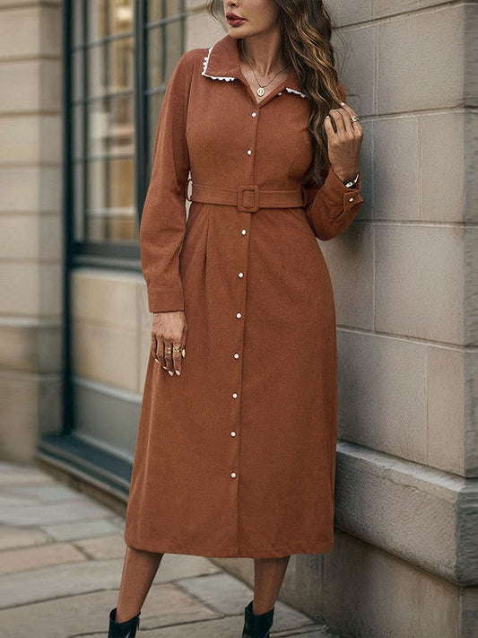 Antique Lace Lapel Shirt-Style Corduroy Dress