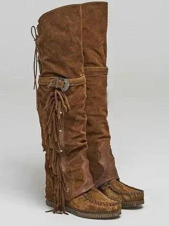 Women's over-the-knee tassel rivet flat high boots - NuaVibe
