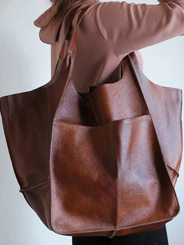 Simple large soft leather large capacity shoulder handbag - NuaVibe