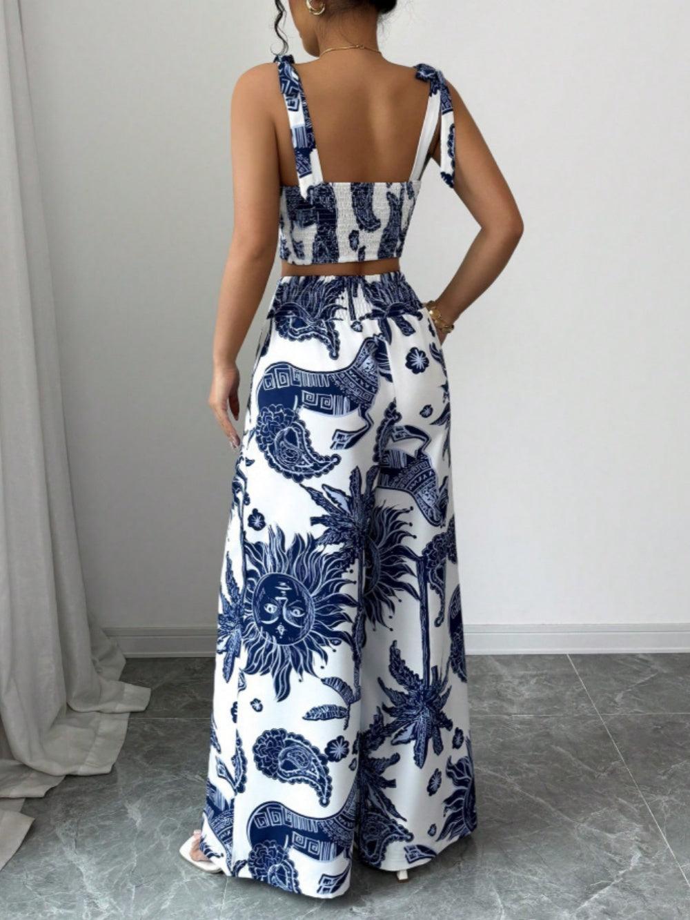 Printed V-neck top + loose wide-leg pants set