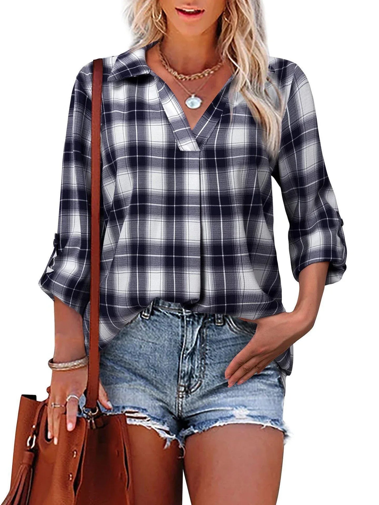 Pullover Lapel Loose Fit Women's Plaid Shirt - NuaVibe