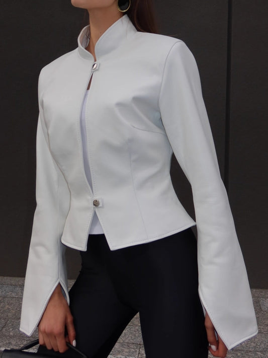 Stand collar long sleeve leather solid color short jacket