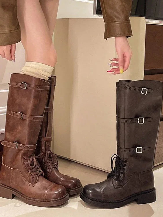 Retro distressed British square toe lace-up Martin boots - NuaVibe