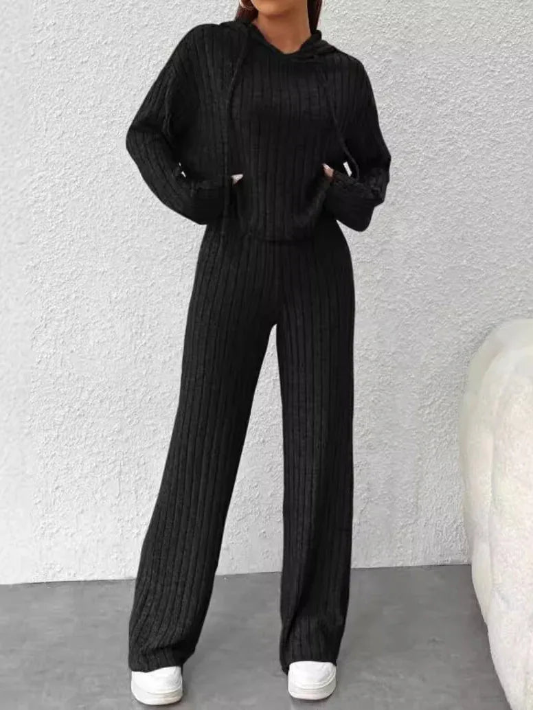 Loose hooded knitted striped long-sleeved set - NuaVibe