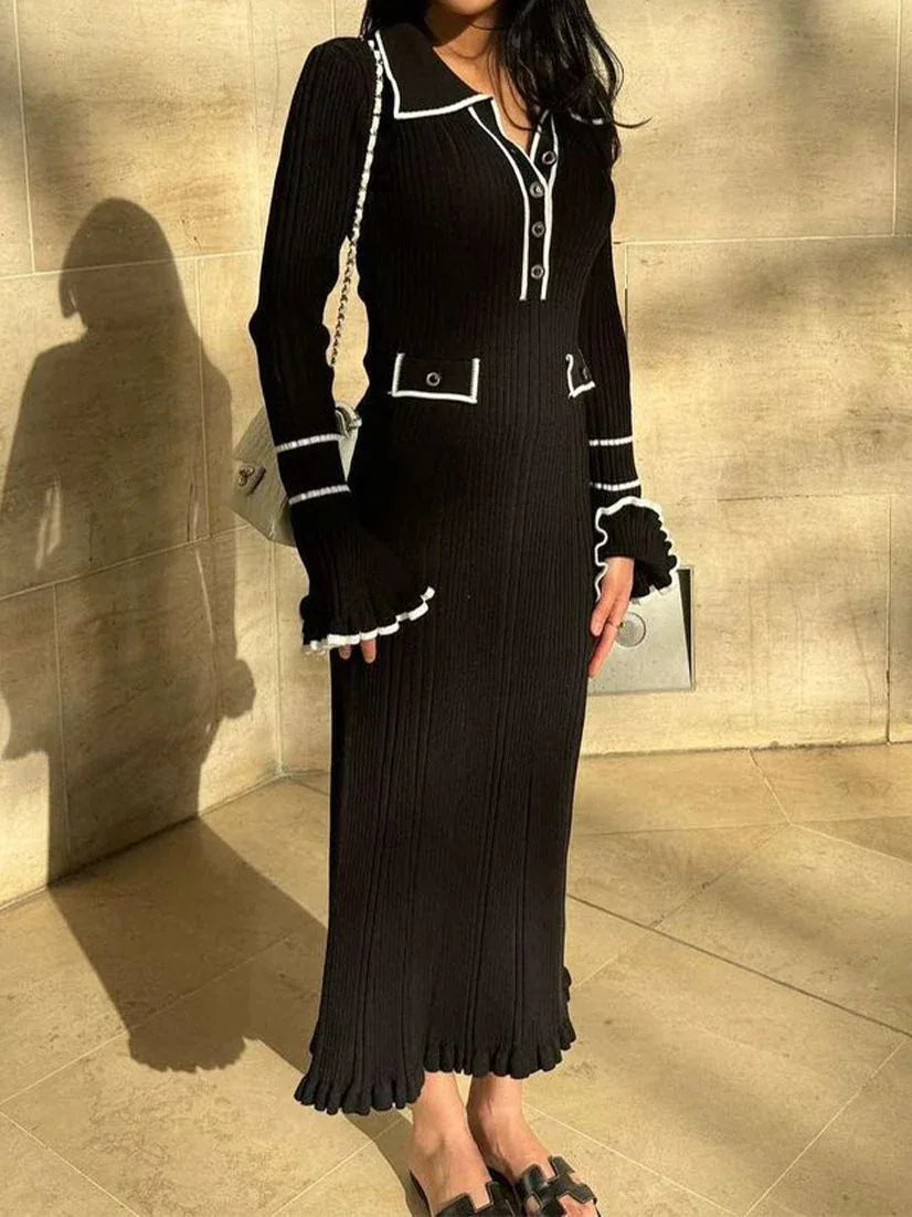 Contrast color Chanel style knitted elegant maxi dress - NuaVibe