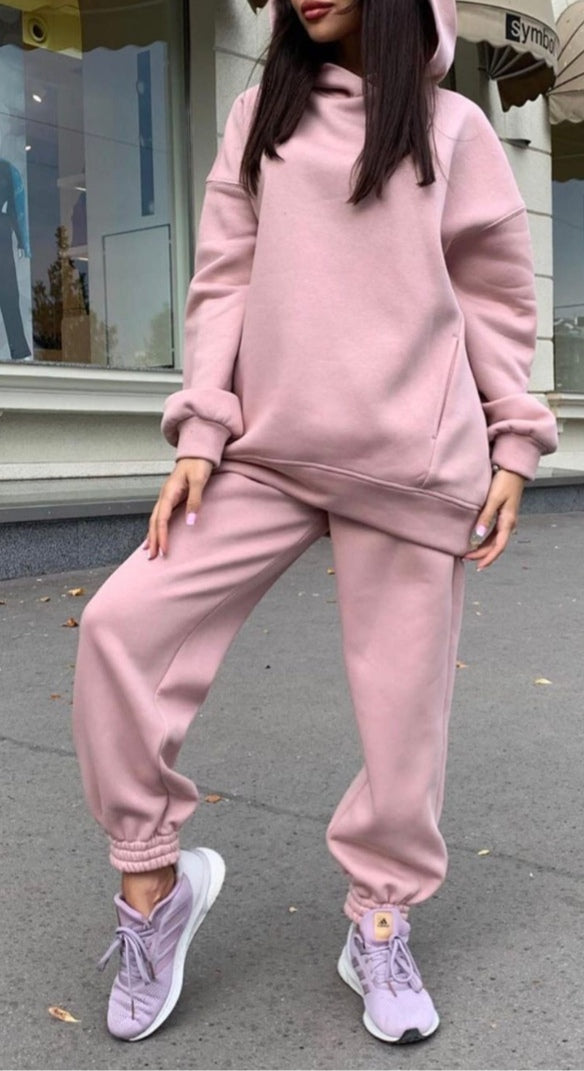 Fashionable solid color hooded sweatshirt casual two-piece suit