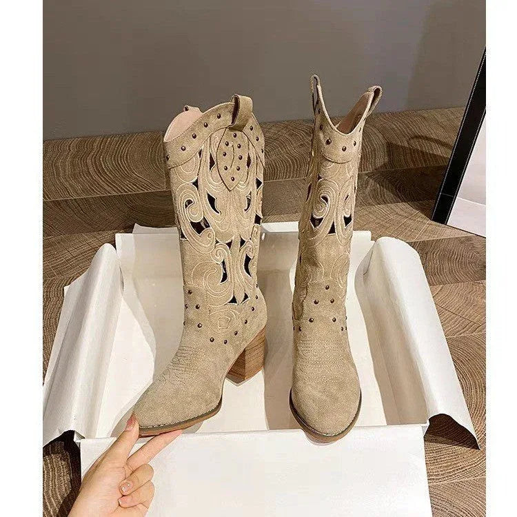 Suede chunky heel embroidered openwork Western boots - NuaVibe