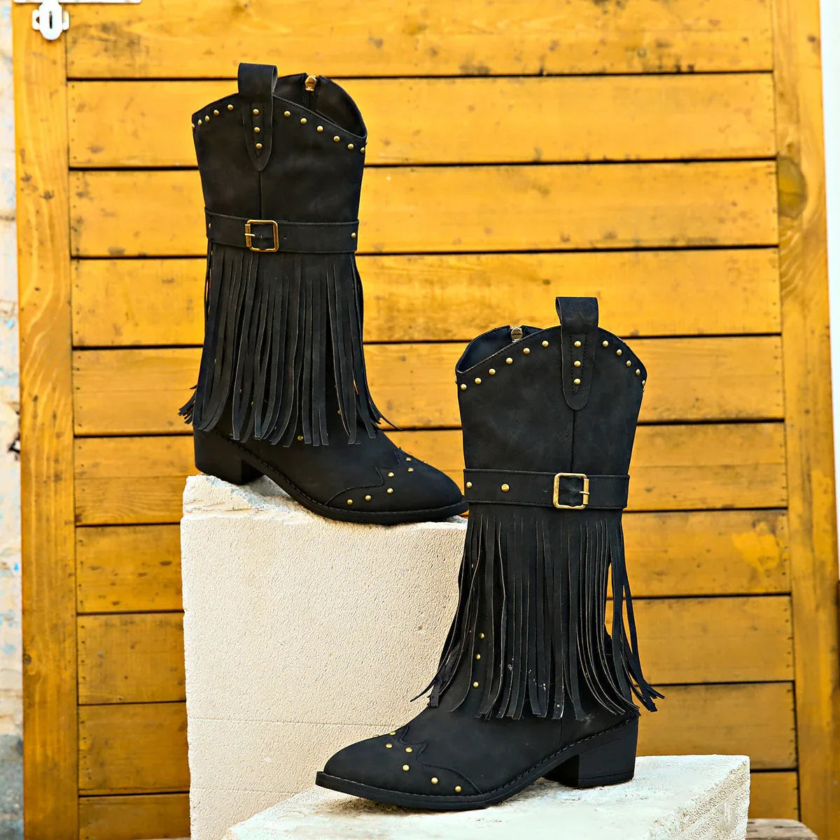 Retro tassel rivet belt knight boots - NuaVibe