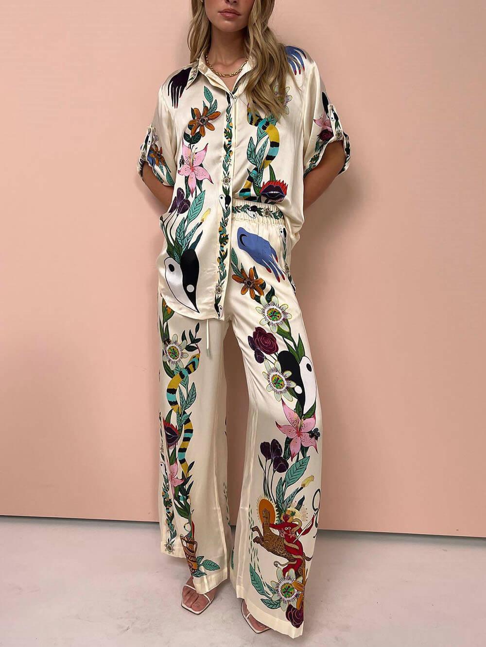 Modern Sophisticated Feel Satin Unique Print Button Down Oversized Blouse - NuaVibe