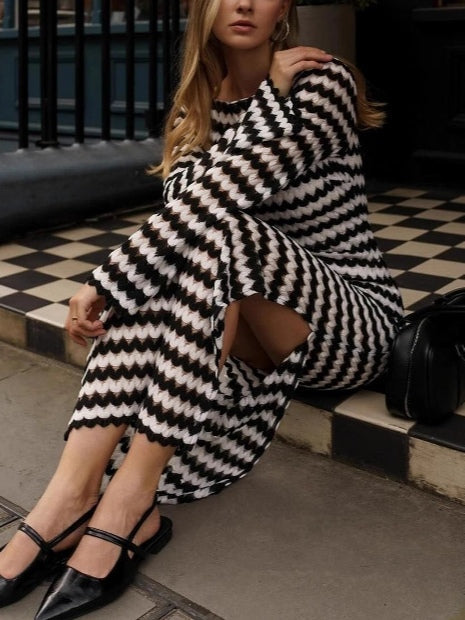 Round neck wrap chest one shoulder knitted slit dress