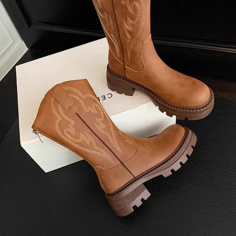 Retro soft leather thick-soled versatile mid-calf boots star_border - NuaVibe