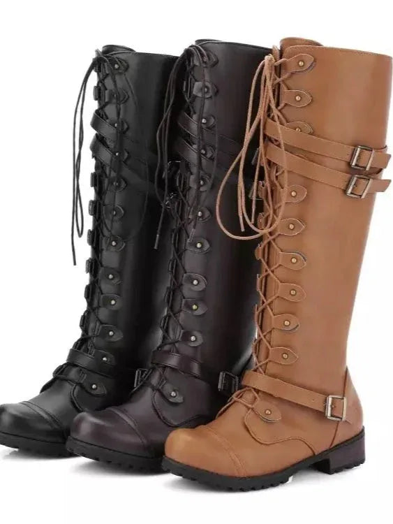 Round toe belt buckle rivet lace-up high-top riding boots - NuaVibe