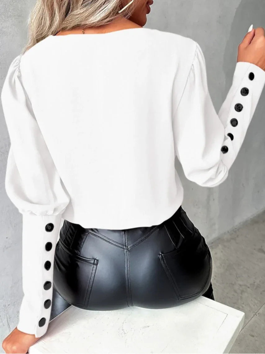 Autumn Fashion V-neck Solid Color Long Sleeve Button-up Shirt - NuaVibe