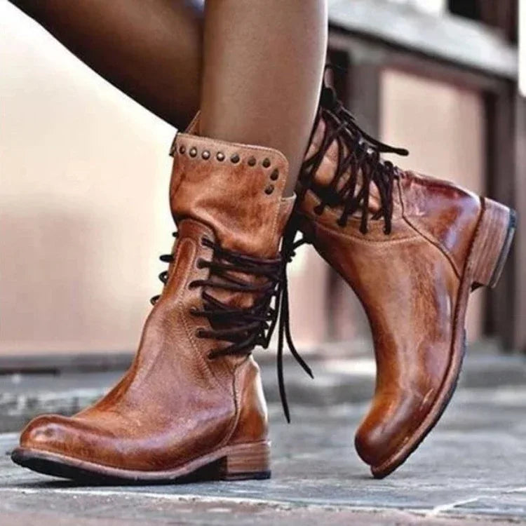 Retro British style rivet lace-up mid-calf boots - NuaVibe