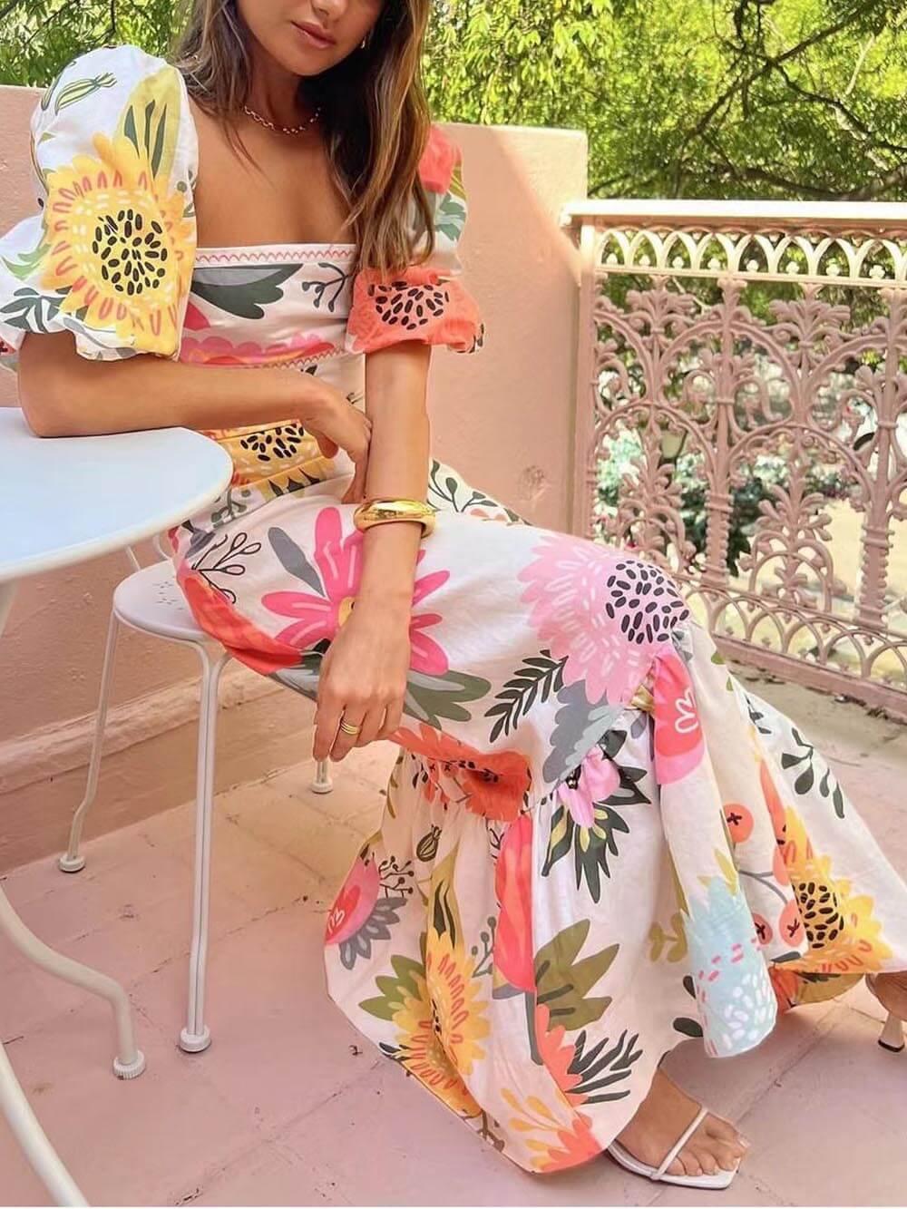 Square Neck Floral Print Bubble Sleeve Maxi Dress - NuaVibe