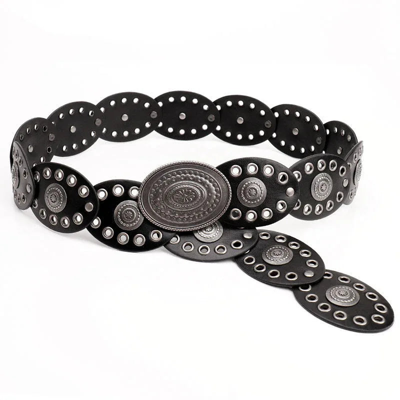 Oval stitching waist belt with large round pattern alloy buckle - NuaVibe