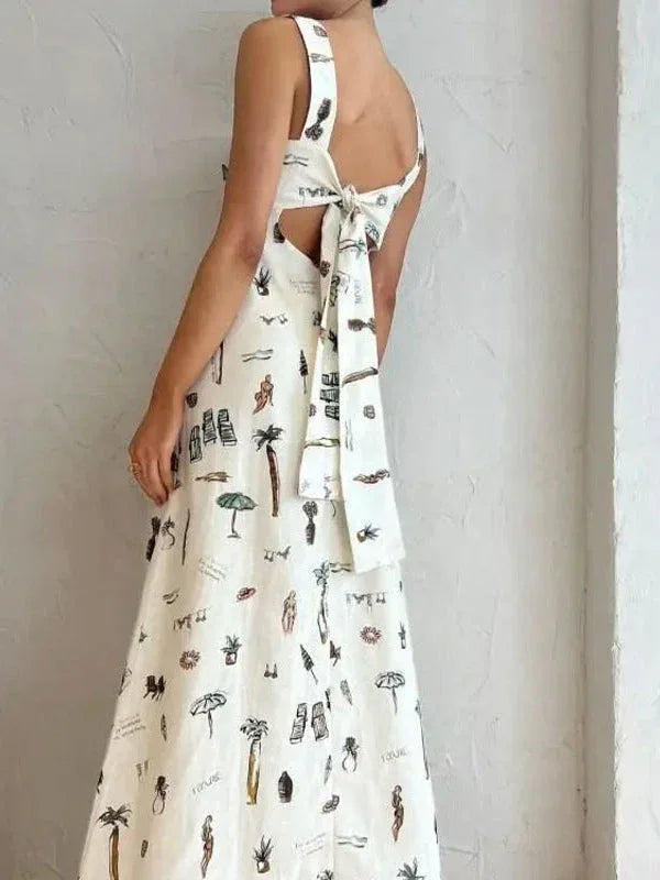Sleeveless Tie-Drawn Print Swing Dress - NuaVibe