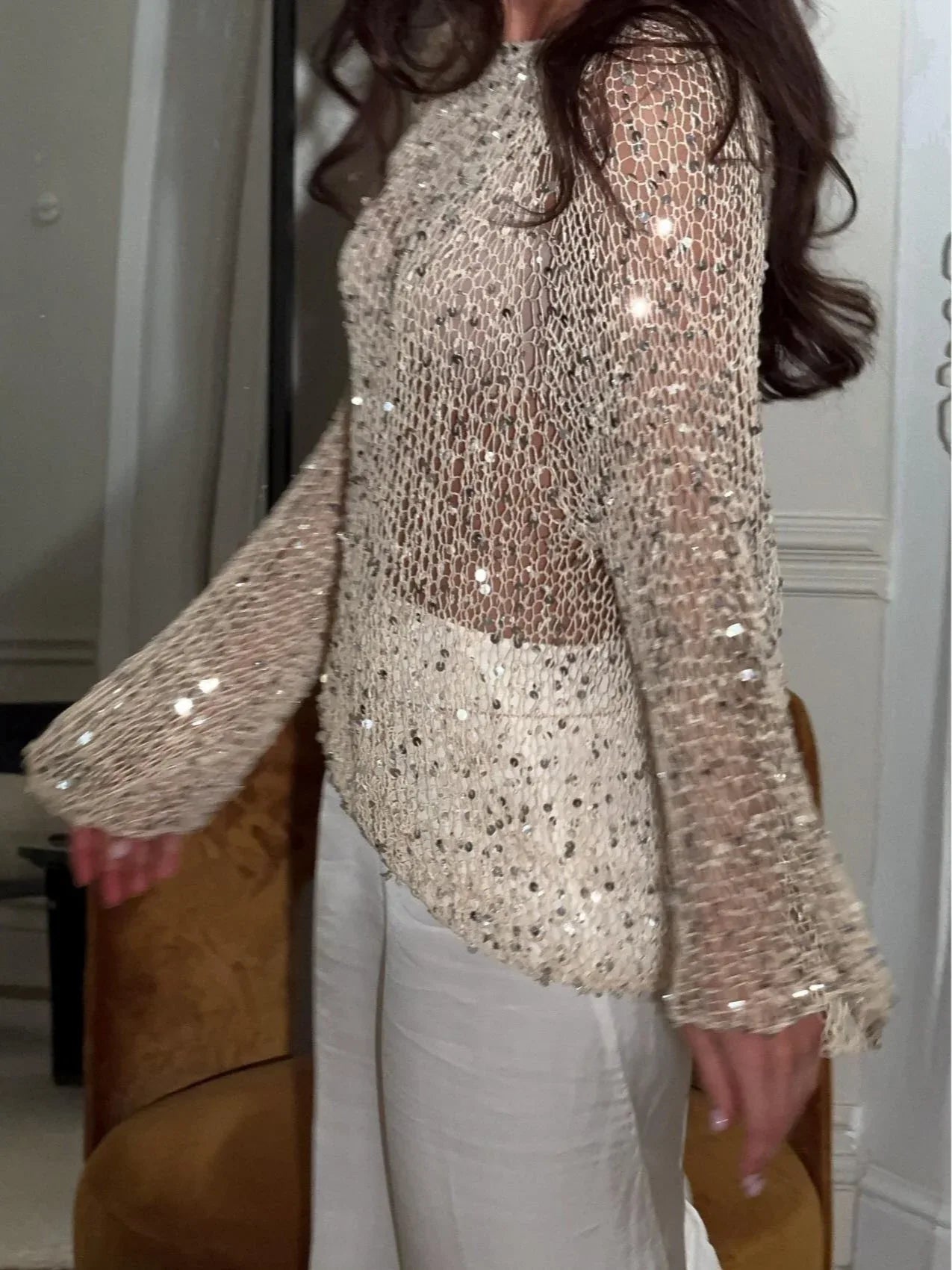 Sequined knitted hollow long-sleeved top - NuaVibe