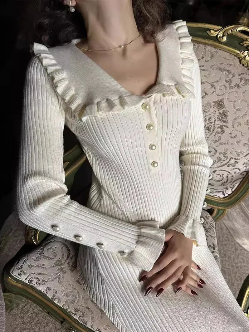 Ruffled long-sleeved knitted midi dress - NuaVibe