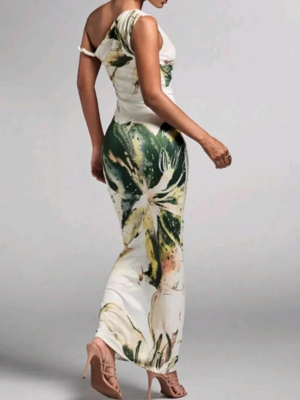 Printed pleated one-shoulder maxi dress - NuaVibe