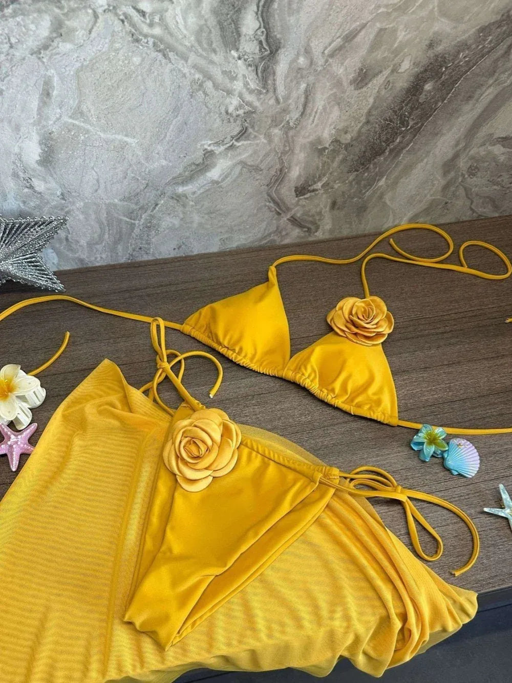 Yellow flower swimsuit three piece set - NuaVibe