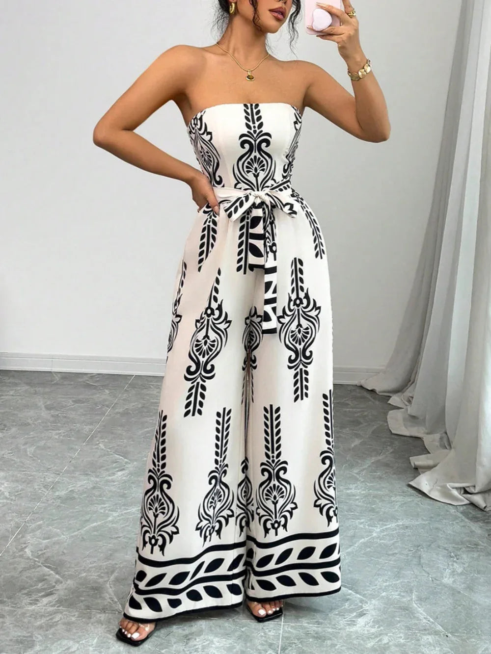 Printed wide-leg slim-fit lace-up jumpsuit - NuaVibe