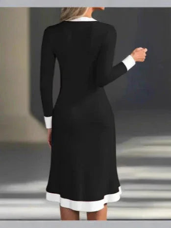 Elegant color-blocked V-neck midi dress for commuting - NuaVibe