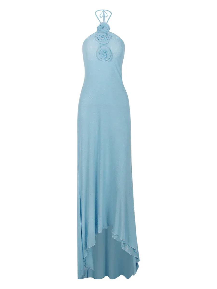 Mesh halterneck floral backless maxi dress - NuaVibe