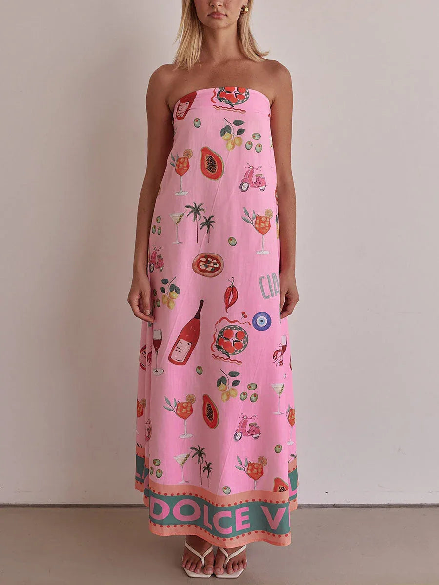 Pink tube top vacation print dress - NuaVibe