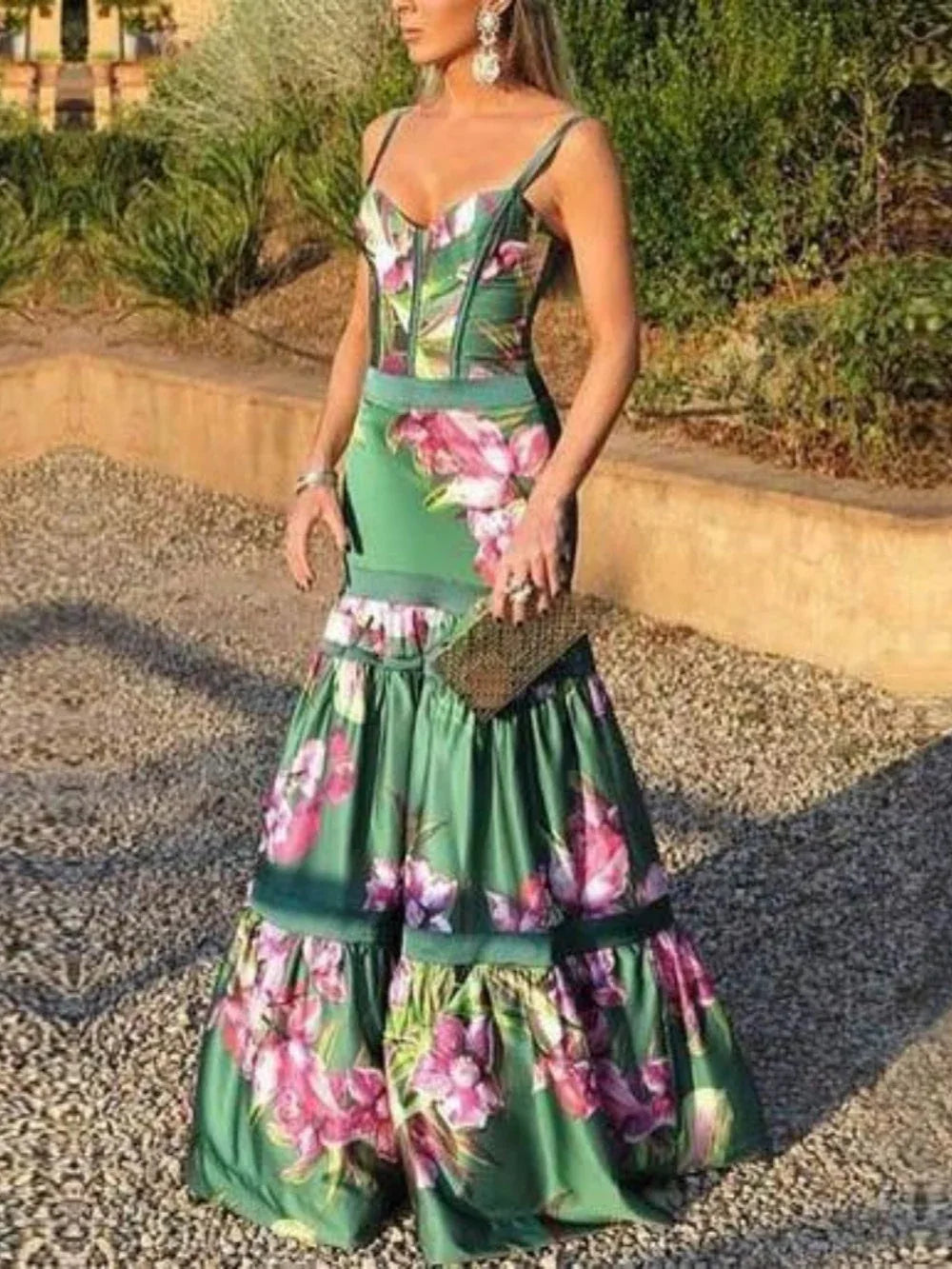 Satin suspender printed panel maxi dress - NuaVibe