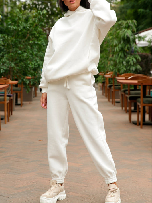 Fashionable solid color hooded sweatshirt casual two-piece suit