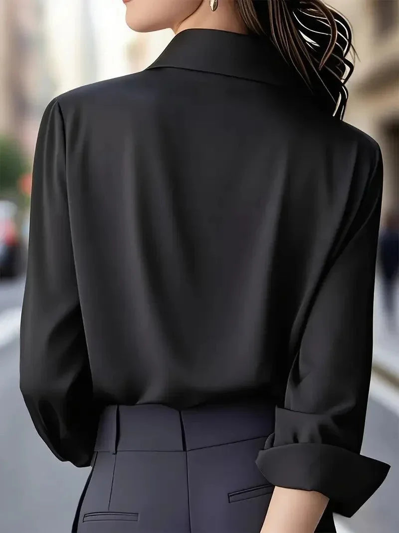 Solid color long-sleeved versatile shirt with lapel satin shirt - NuaVibe