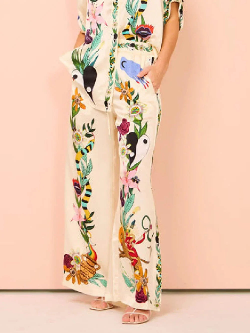 Satin Unique Print Elastic Waist Pocketed Wide Leg Pants - NuaVibe