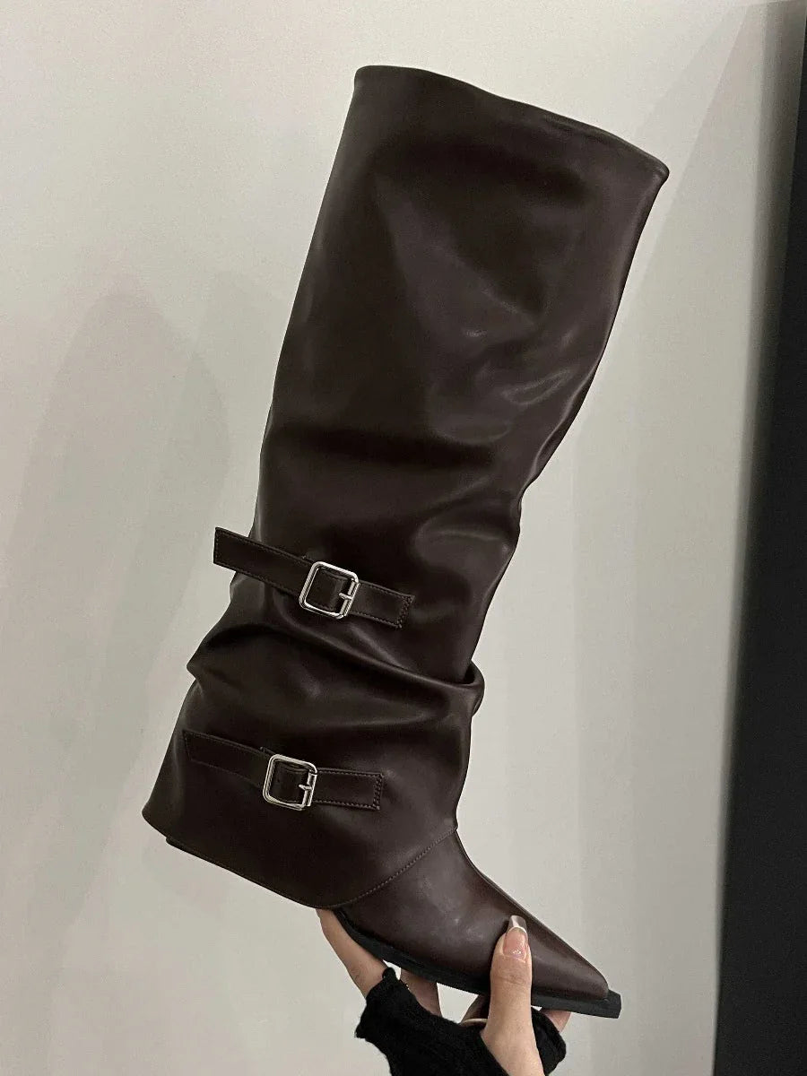 High-top belt buckle pointed toe thick-heeled boots - NuaVibe