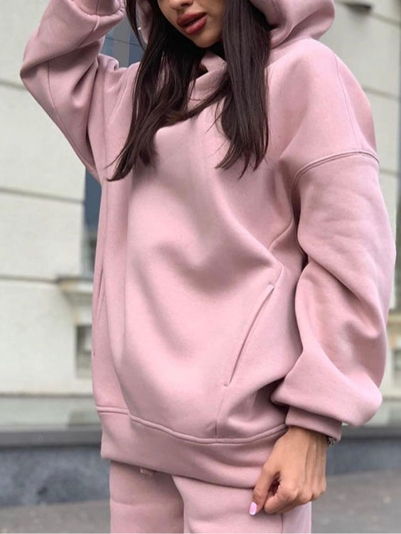 Fashionable solid color hooded sweatshirt casual two-piece suit
