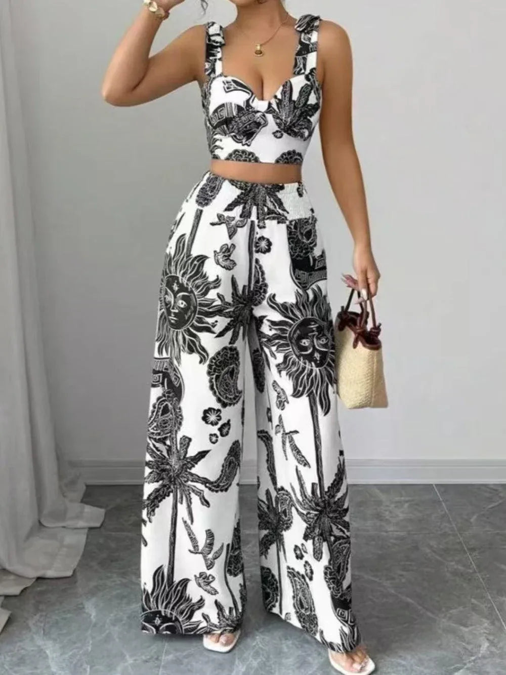 Printed V-neck top + loose wide-leg pants set - NuaVibe