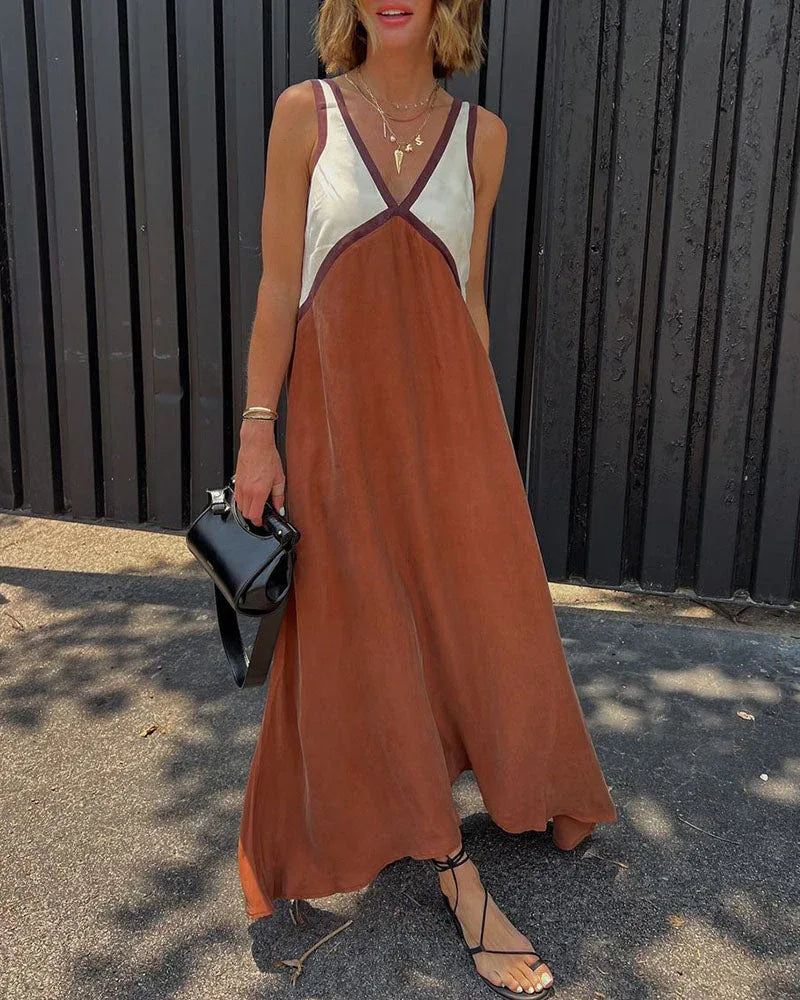Chic V-neck contrasting color dress - NuaVibe