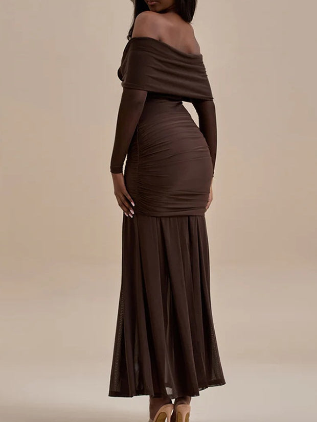 Solid color pleated slim long sleeve one-shoulder dress