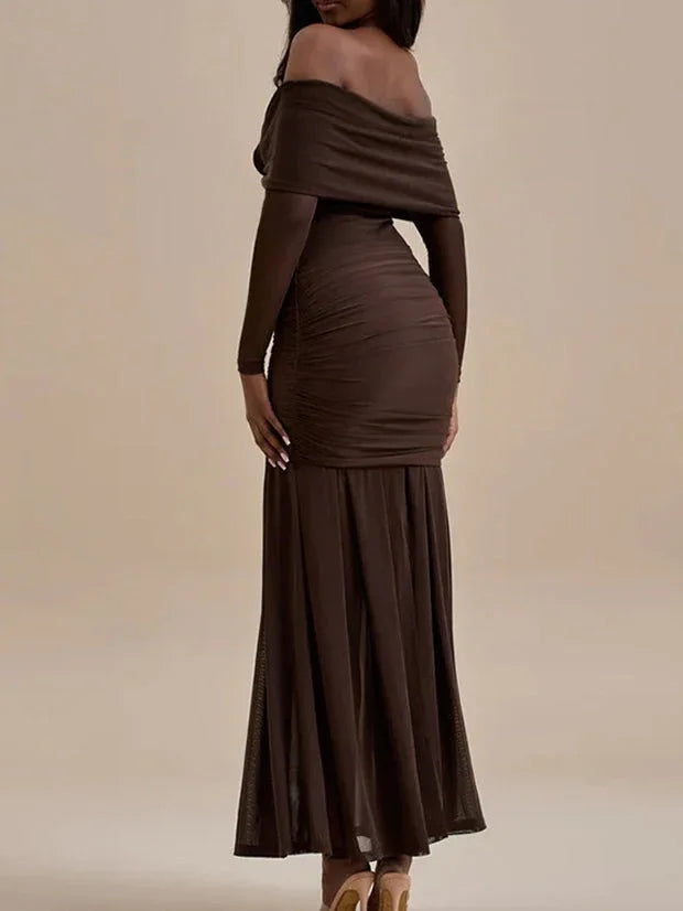 Solid color pleated slim long sleeve one-shoulder dress - NuaVibe