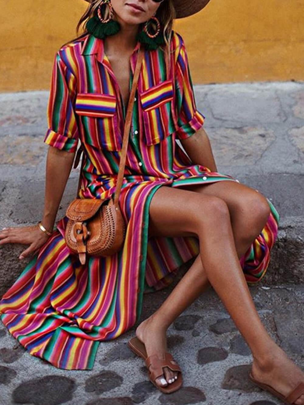 Casual Striped Printed Shirt Maxi Skirt - NuaVibe