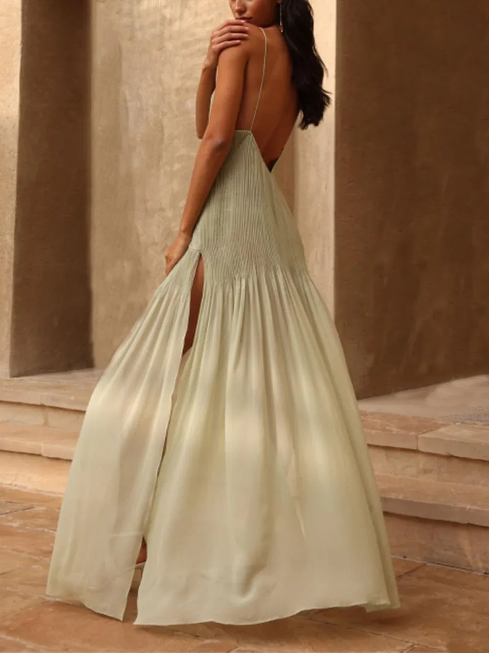 Sunset Unique Pleated Patchwork Slit Maxi Dress - NuaVibe