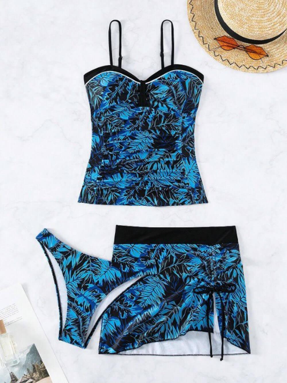 Coconut Leaf Print Skirt Tankini Three-Piece Set - NuaVibe