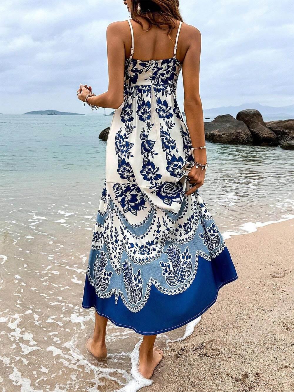 Ethnic Floral Print Back Smocked Loose Midi Dress - NuaVibe