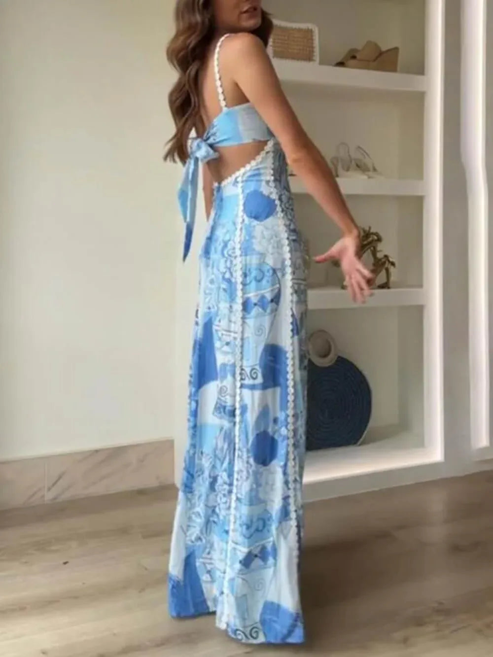Halter Straps Lace Patchwork Printed Back Tie Halter Flare Maxi Dresses - NuaVibe